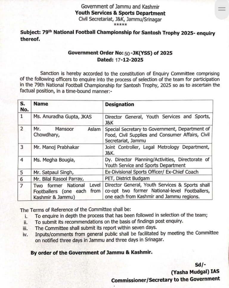 J&K Govt Orders Enquiry Into Selection Process For Santosh Trophy 2025 Team