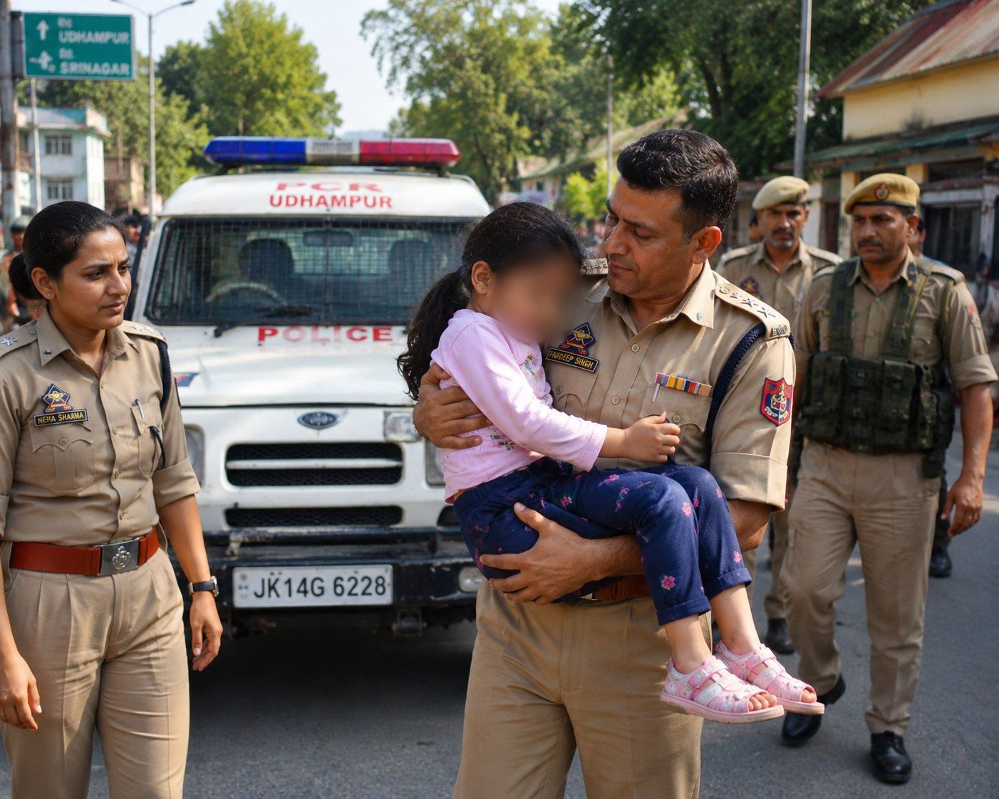 Udhampur Kidnapping Case में 8 साल की बच्ची को rescue करते हुए Jammu Kashmir Police की टीम की तस्वीर, बच्ची का चेहरा सुरक्षा के लिए छिपाया गया है।