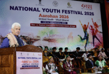 LG Manoj Sinha speaking during Aarohan 2026 youth festival event in Srinagar Jammu and Kashmir