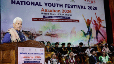 LG Manoj Sinha speaking during Aarohan 2026 youth festival event in Srinagar Jammu and Kashmir