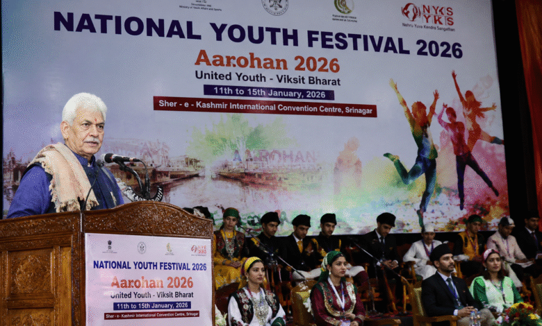 LG Manoj Sinha speaking during Aarohan 2026 youth festival event in Srinagar Jammu and Kashmir