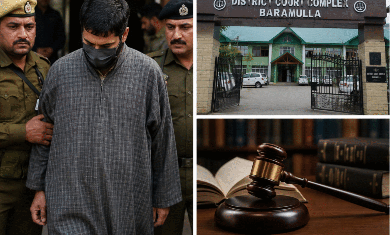 Baramulla POCSO Case में आरोपी teacher को Court से bail मिलने के बाद police custody और Baramulla District Court की तस्वीर