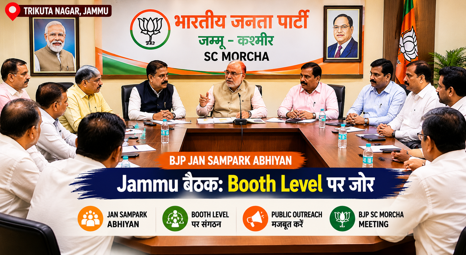Jammu के Trikuta Nagar में BJP Jan Sampark Abhiyan बैठक के दौरान Ashok Koul और SC Morcha नेताओं की संगठन मजबूत करने को लेकर चर्चा करते हुए तस्वीर