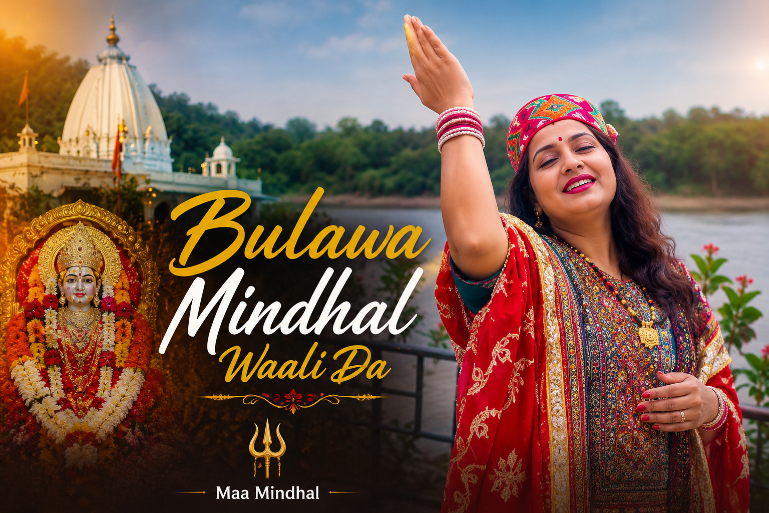 Maa Mindhal devotional bhajan “Bulawa Mindhal Waali Da” poster में singer Kavita Dutt और Mindhal temple का दृश्य