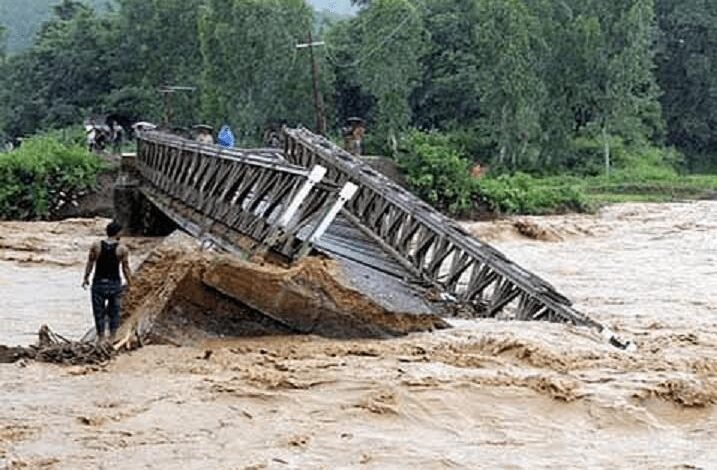 Collapsed PMGSY bridge construction site in Gandoh area of Doda district