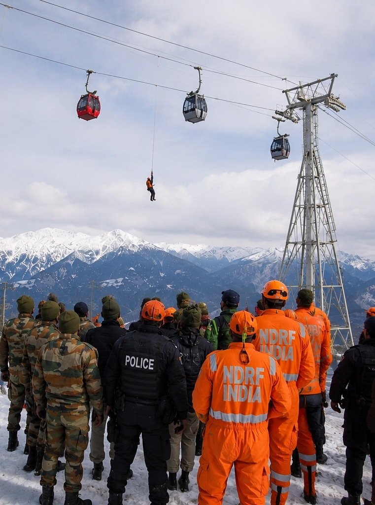 Army, JKP, SDRF and NDRF teams during Gulmarg cable car rescue operation