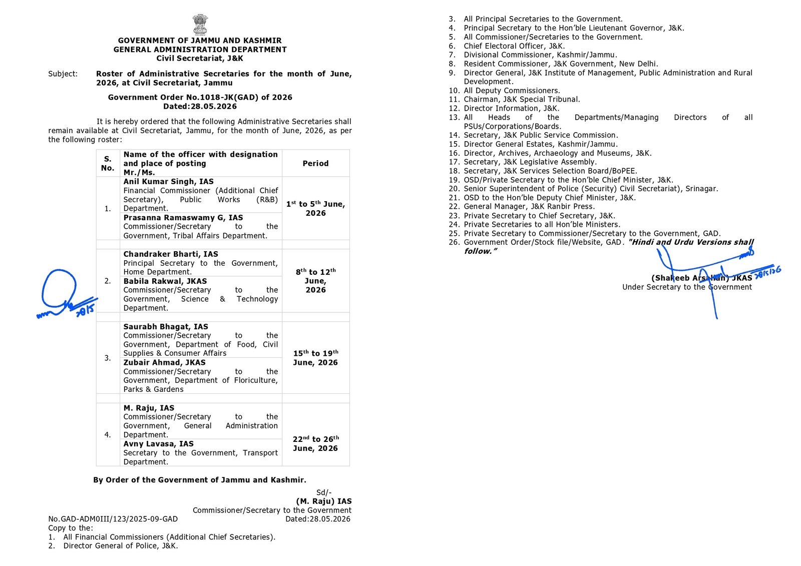 Jammu Civil Secretariat Minister Roster June 2026 issued by Jammu and Kashmir Government for public grievance redressal and administrative review.