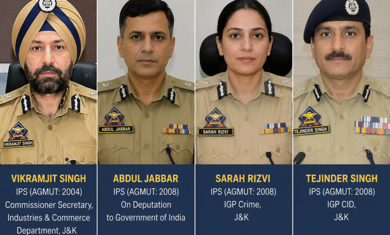 IG Rank Approval J&K के लिए empanelment पाने वाले IPS Officers Vikramjit Singh, Abdul Jabbar, Sarah Rizvi और Tejinder Singh की collage image।
