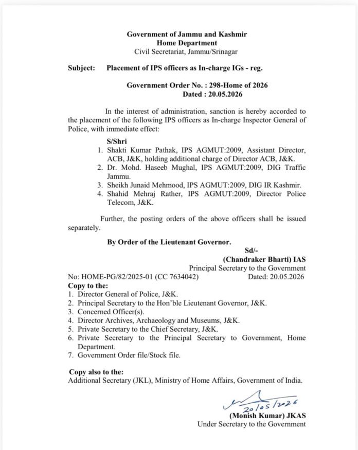 LG Manoj Sinha announcing J&K IPS Promotion 2026 for four IPS officers appointed as In-charge IGPs in Jammu Kashmir