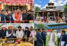 Mattan Temple Kumbh 2026 कार्यक्रम में शामिल होते मंत्री Satish Sharma, साथ में धार्मिक स्थलों और sports infrastructure का निरीक्षण।