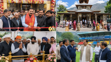 Mattan Temple Kumbh 2026 कार्यक्रम में शामिल होते मंत्री Satish Sharma, साथ में धार्मिक स्थलों और sports infrastructure का निरीक्षण।