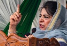 Mehbooba Pakistan Dialogue पर बयान देते हुए PDP प्रमुख Mehbooba Mufti की Srinagar में प्रेस कॉन्फ्रेंस की तस्वीर