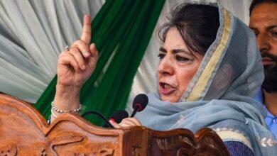 Mehbooba Pakistan Dialogue पर बयान देते हुए PDP प्रमुख Mehbooba Mufti की Srinagar में प्रेस कॉन्फ्रेंस की तस्वीर