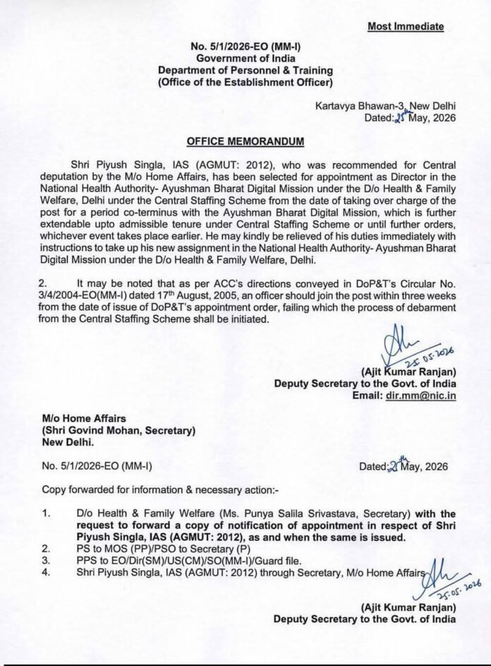 IAS officer Piyush Singla appointed as Director in Ayushman Bharat Digital Mission Delhi