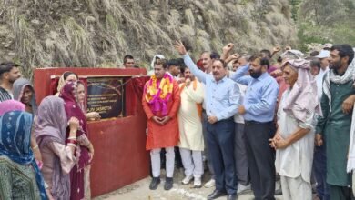 MLA Rajiv Jasrotia laying foundation stone for road development projects in Jasrota constituency of Kathua district.