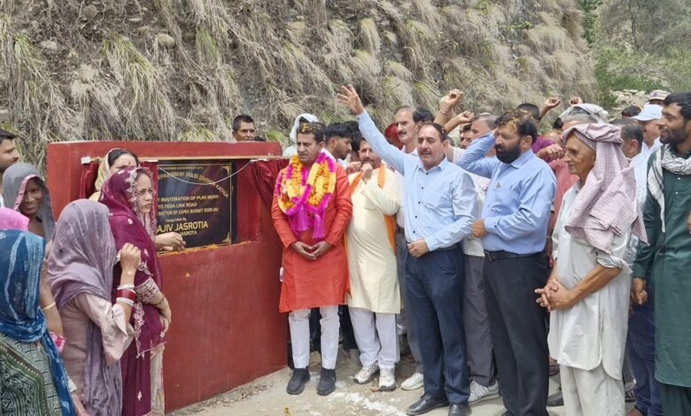 MLA Rajiv Jasrotia laying foundation stone for road development projects in Jasrota constituency of Kathua district.