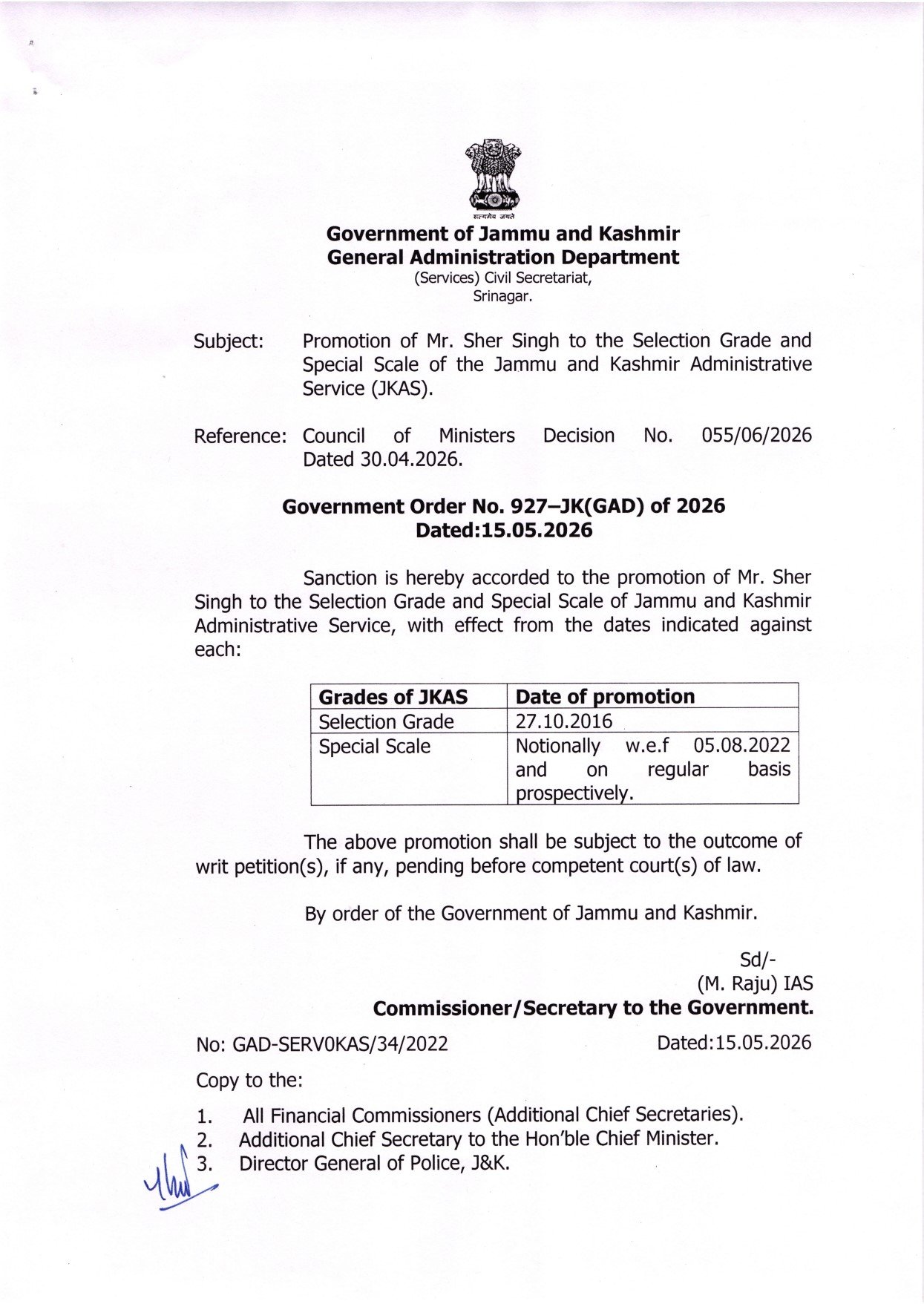 JK Government order regarding promotion of Sher Singh to Selection Grade and Special Scale in JKAS