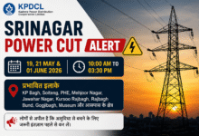 Srinagar Power Cut Alert image showing KPDCL electricity shutdown notice for KP Bagh, Jawahar Nagar, Rajbagh and nearby areas in Srinagar.