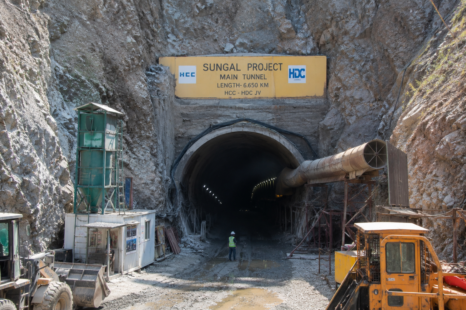 Sungal Tunnel Project construction site in Kalidhar, Jammu and Kashmir, showing tunnel entrance and ongoing development work.