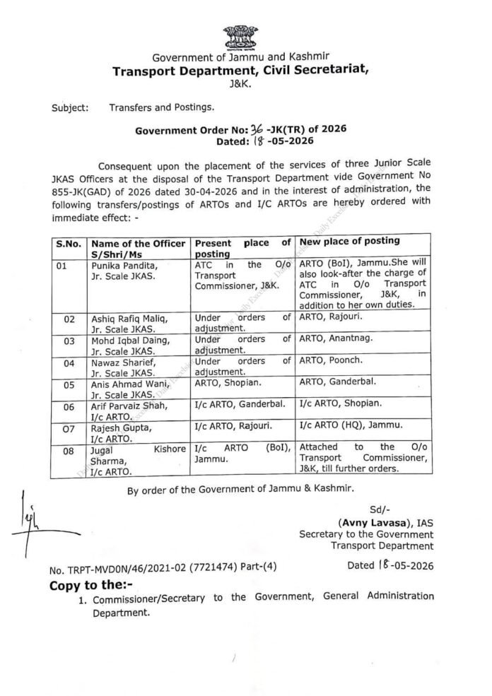 J&K ARTO Transfers in Transport Department with new postings and transfer orders for Assistant Regional Transport Officers in Jammu Kashmir
