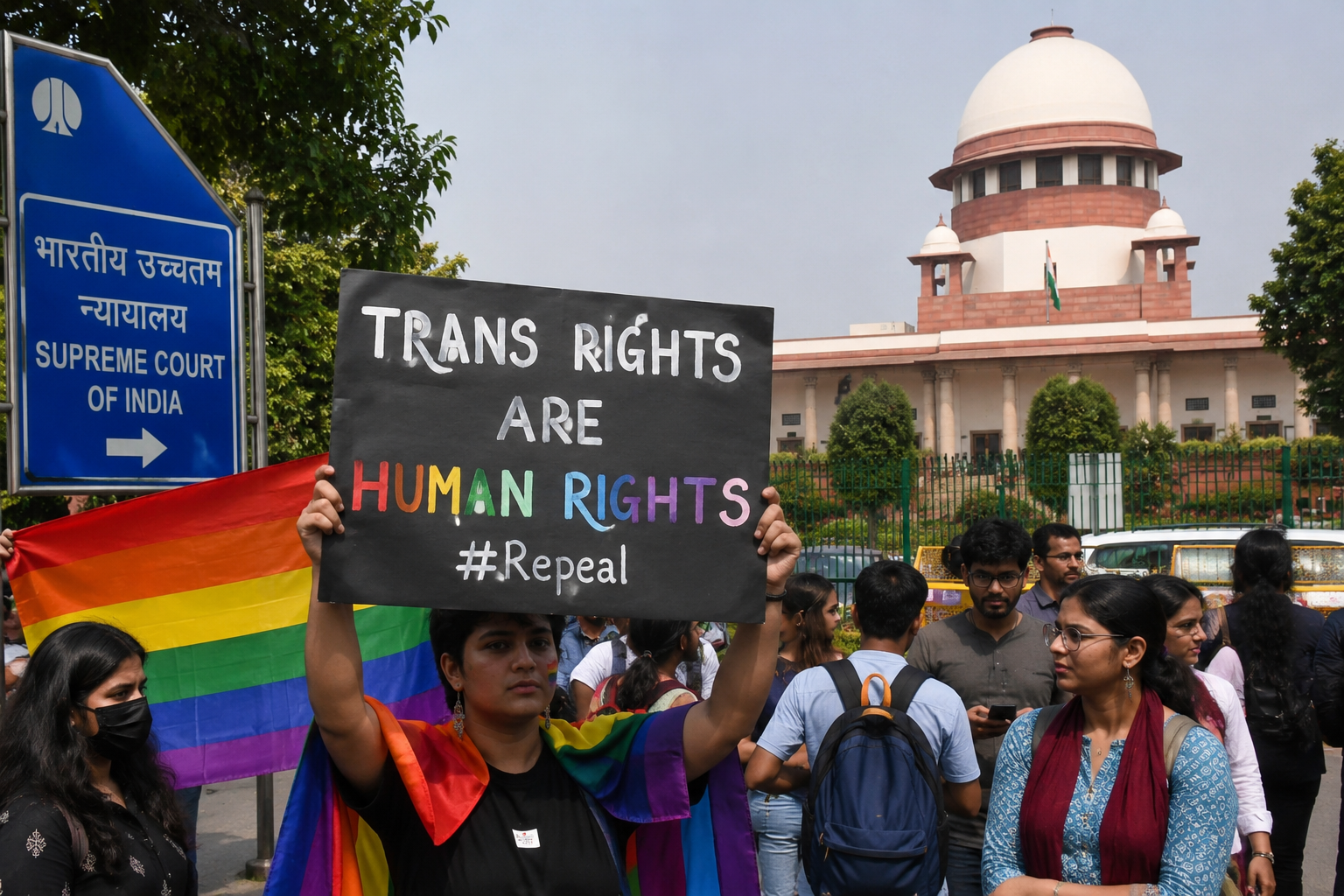 Supreme Court of India के बाहर Transgender Rights और LGBTQ community support में protest करते लोगों की representative image.