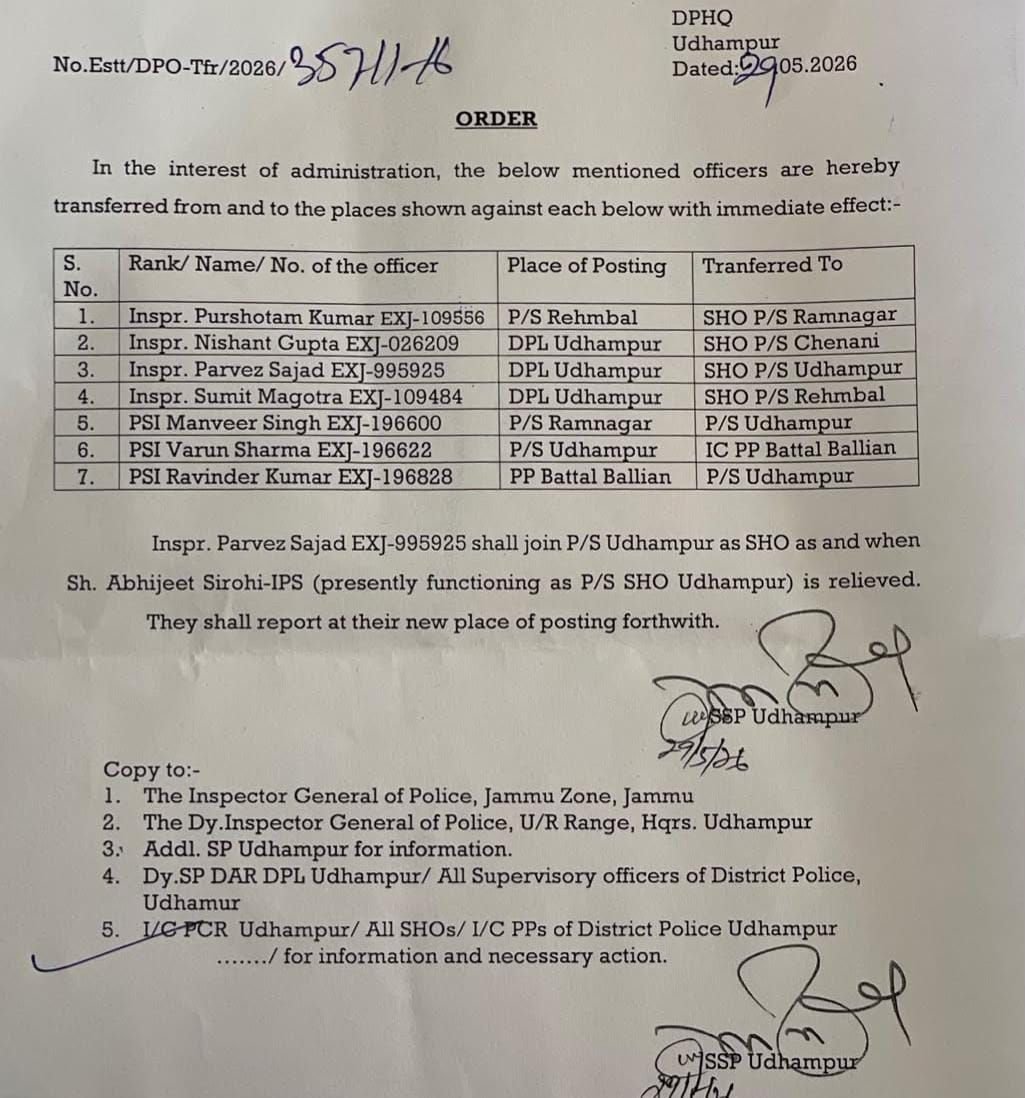 Official transfer order issued by SSP Udhampur for the transfer and posting of seven police officers in the district.