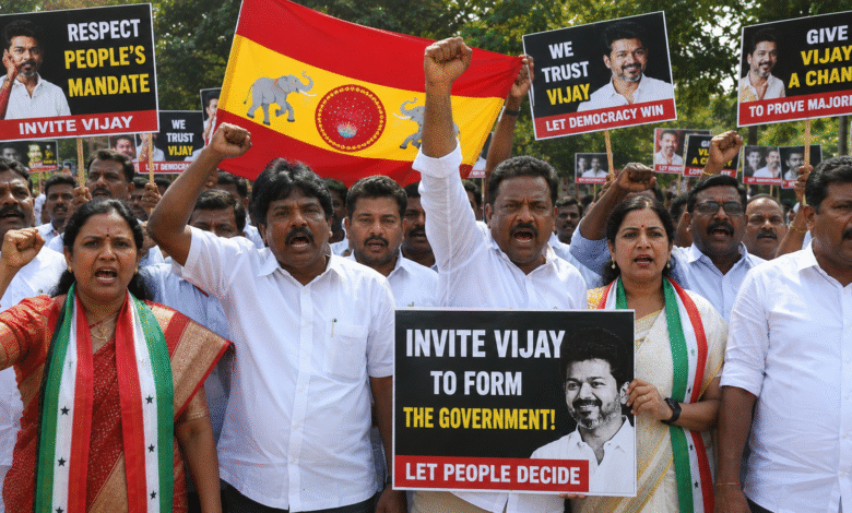 TVK supporters protesting over Vijay Government Formation issue in Tamil Nadu
