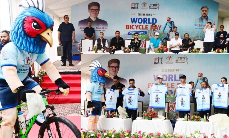Cyclists participating in Kashmir Cyclothon 2026 flagged off by CM Omar Abdullah in Srinagar on World Bicycle Day.