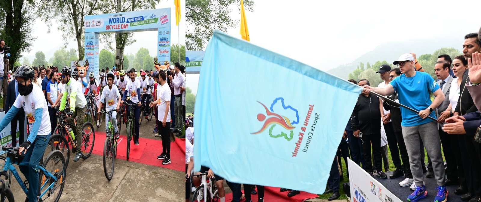 Chief Minister Omar Abdullah flagging off the Kashmir Cyclothon event in Srinagar to promote fitness and cycling among youth.