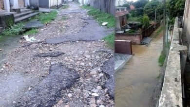 Badly damaged 550-metre road stretch in Ganga Nagar Bantalab with potholes, waterlogging and traffic issues causing problems for commuters in Jammu area