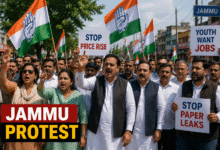 Congress workers protesting in Jammu against inflation, unemployment and paper leak issues.