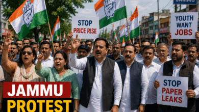 Congress workers protesting in Jammu against inflation, unemployment and paper leak issues.