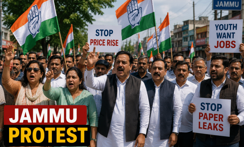 Congress workers protesting in Jammu against inflation, unemployment and paper leak issues.