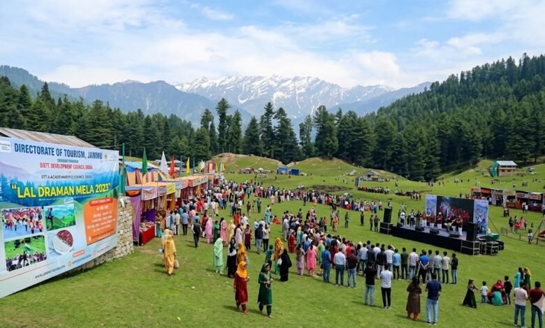 Visitors enjoying cultural performances, local handicrafts and tourism activities during Gool Mela 2026 in Ramban, Jammu and Kashmir