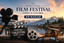 International Film Festival J&K 2026 promotional image featuring Srinagar landscape, film camera, clapperboard and cinema-themed visuals.