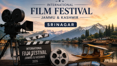International Film Festival J&K 2026 promotional image featuring Srinagar landscape, film camera, clapperboard and cinema-themed visuals.