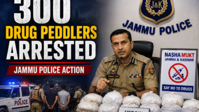 Jammu Police briefing media about Jammu Drug Crackdown and arrests of drug peddlers under anti-narcotics campaign.