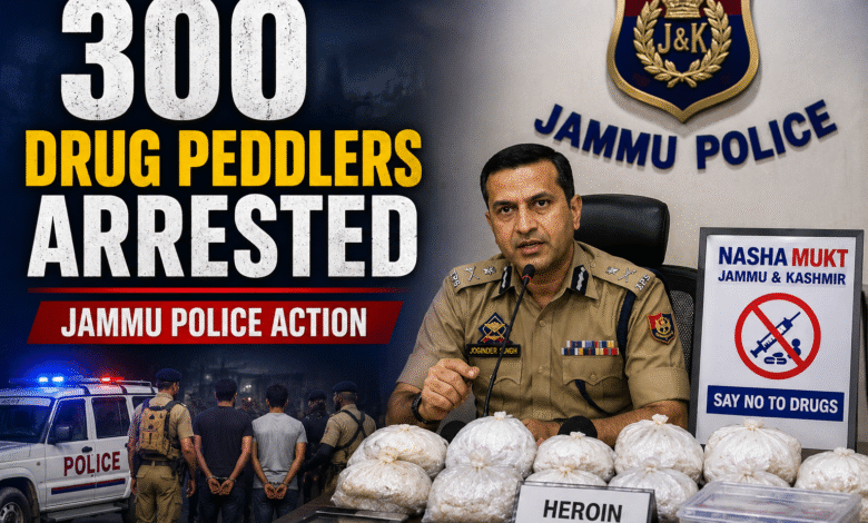 Jammu Police briefing media about Jammu Drug Crackdown and arrests of drug peddlers under anti-narcotics campaign.