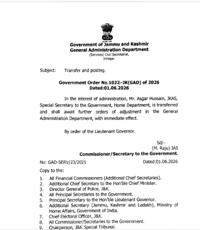 JKAS Officer Transfer of Asgar Hussain from Home Department to General Administration Department in Jammu and Kashmir Government.