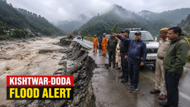 Kishtwar Doda Flood Alert after heavy rainfall in Jammu and Kashmir with emergency response teams inspecting flood-affected roads and damaged infrastructure.