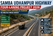 Samba Udhampur Highway four-laning construction work in Jammu Kashmir showing modern highway expansion, bridges and road development in hilly terrain 2026