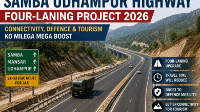 Samba Udhampur Highway four-laning construction work in Jammu Kashmir showing modern highway expansion, bridges and road development in hilly terrain 2026