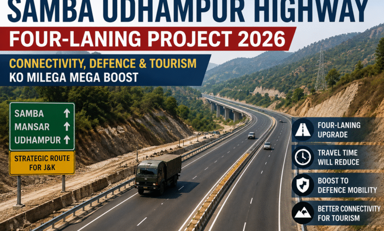 Samba Udhampur Highway four-laning construction work in Jammu Kashmir showing modern highway expansion, bridges and road development in hilly terrain 2026