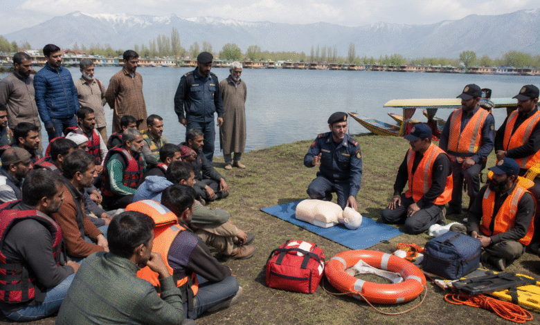 Wullar Manasbal Training Program के दौरान Civil Defence द्वारा स्थानीय हितधारकों को Disaster Management और First Aid की ट्रेनिंग देते हुए।