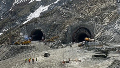 Zojila Tunnel Breakthrough 2026 construction site in Himalayas showing Kashmir–Ladakh all-weather connectivity project with tunnels and machinery