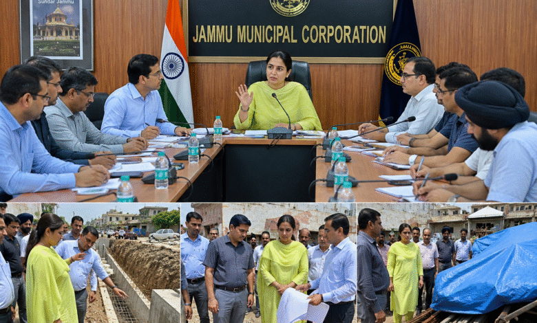 Jammu Flood Restoration Review Meeting में Mandeep Kaur निरीक्षण करती हुईं