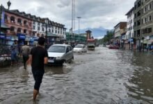 Srinagar Rain Update showing waterlogged roads after heavy rainfall