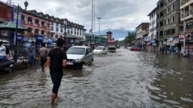 Srinagar Rain Update showing waterlogged roads after heavy rainfall