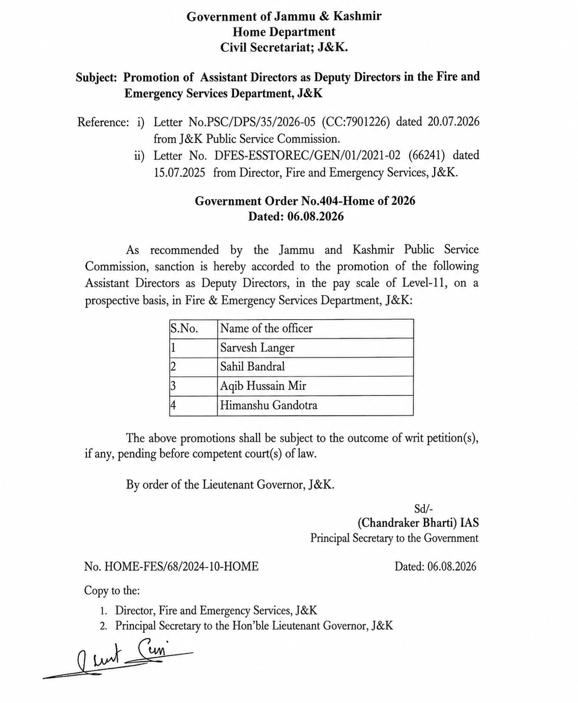 Fire Services Promotion order for Deputy Directors in Jammu and Kashmir