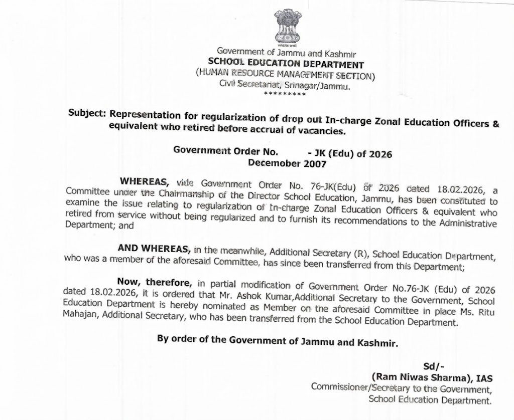 JK Education Committee government order issued by School Education Department